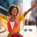 Happy woman celebrating her weight loss success with bariatric mindset coaching.
